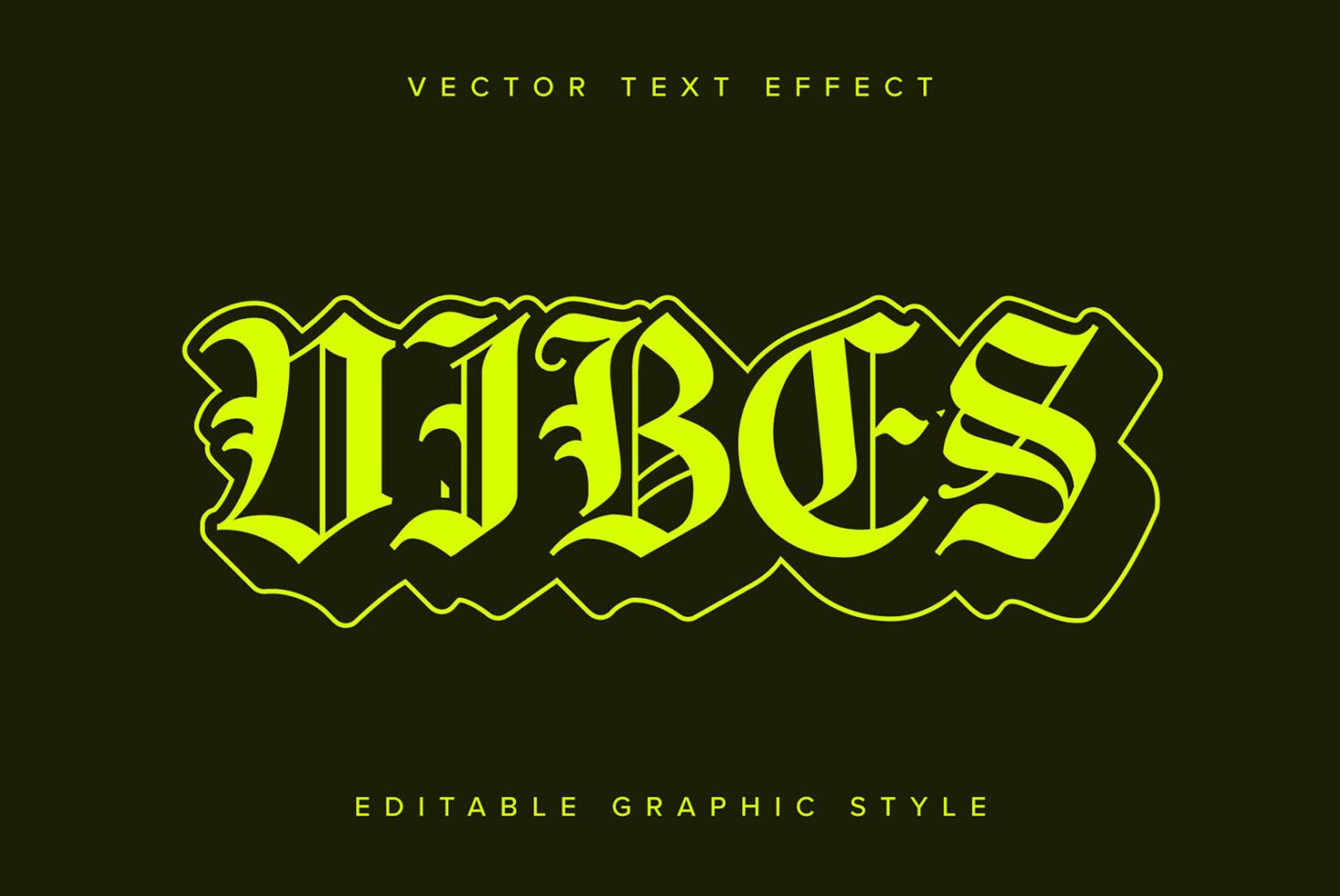 Bold neon text effect reading Vibes in old English style on dark background ideal for designers seeking gothic fonts editable graphic styles for projects.