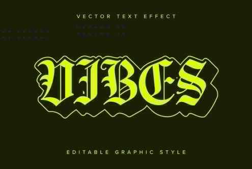Bold neon text effect reading Vibes in old English style on dark background ideal for designers seeking gothic fonts editable graphic styles for projects.