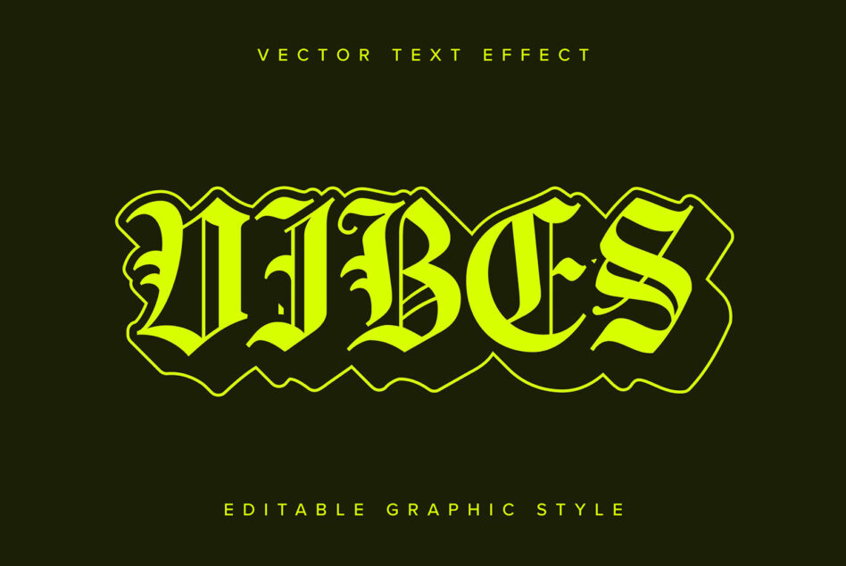 Lime green retro text with thick outline on dark background showing vibes effect