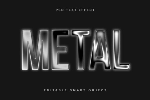 Metallic PSD text effect template for designers featuring shiny chrome letters on a dark background. Editable smart object. Keywords: fonts, graphics.