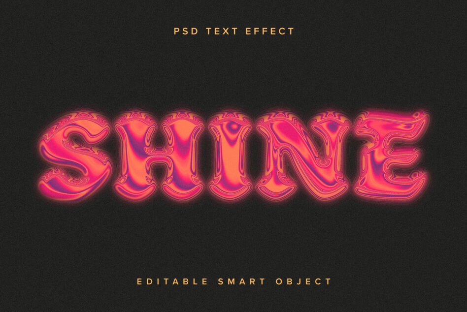 Neon liquid text effect with hot pink, orange, purple gradients glowing on dark background