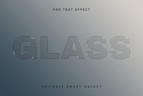 Glass text effect mockup with editable smart objects in PSD format on a gradient background ideal for graphic design projects and templates for designers.