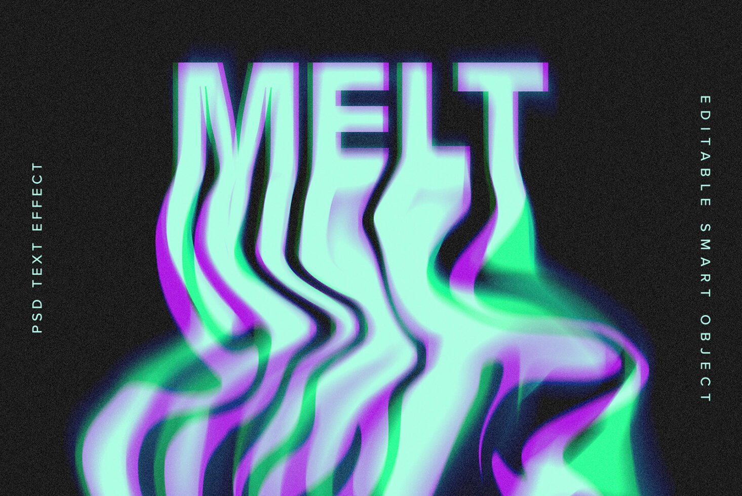 Distorted neon text effect reading MELT with green and purple colors on black background ideal for graphic design PSD text effect editable template.