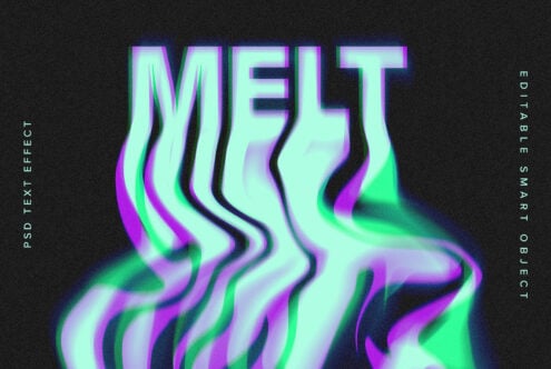 Distorted neon text effect reading MELT with green and purple colors on black background ideal for graphic design PSD text effect editable template.
