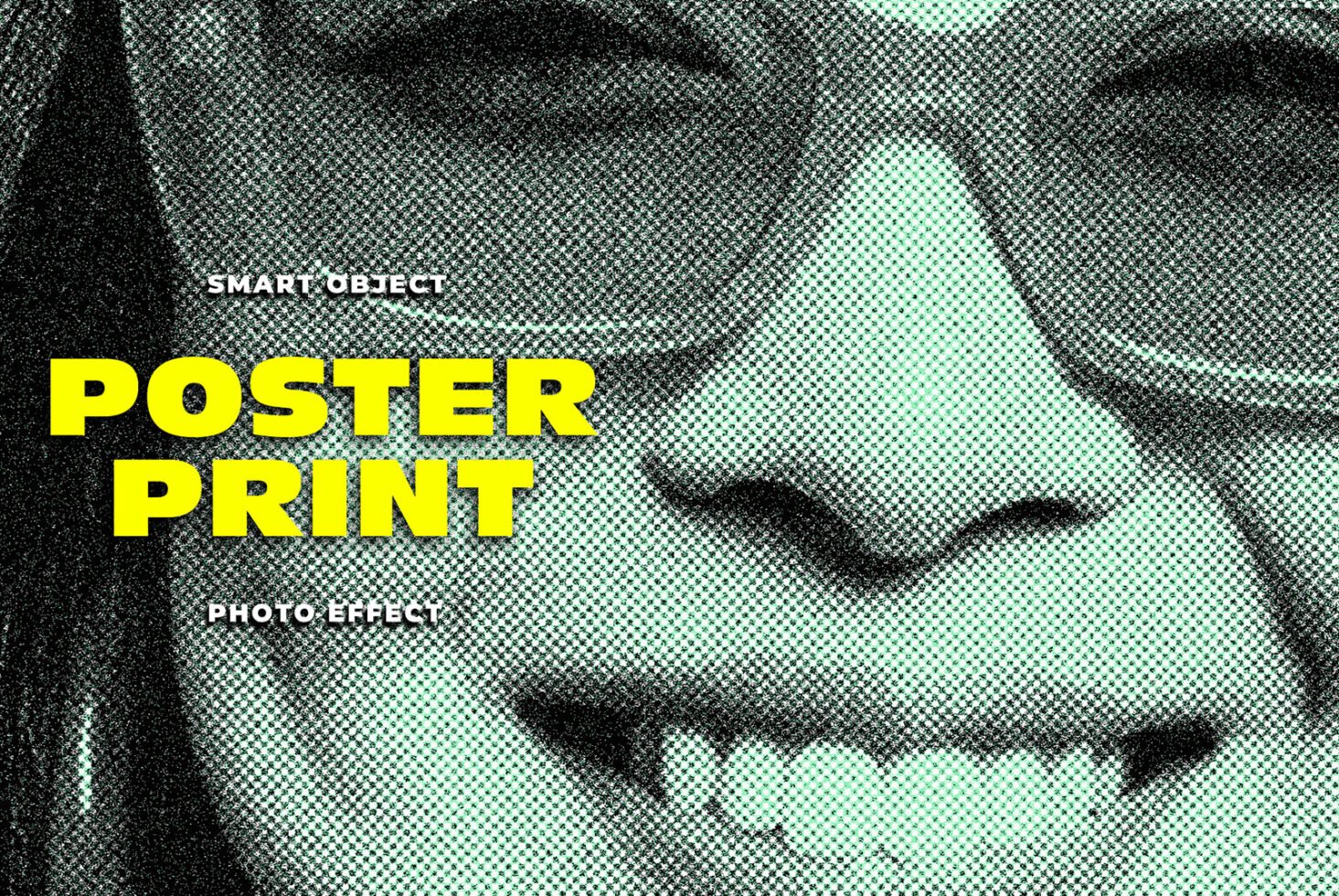 Halftone poster print effect featuring close-up of a smiling face with sunglasses. Ideal for graphic designers seeking creative photo effects and templates.