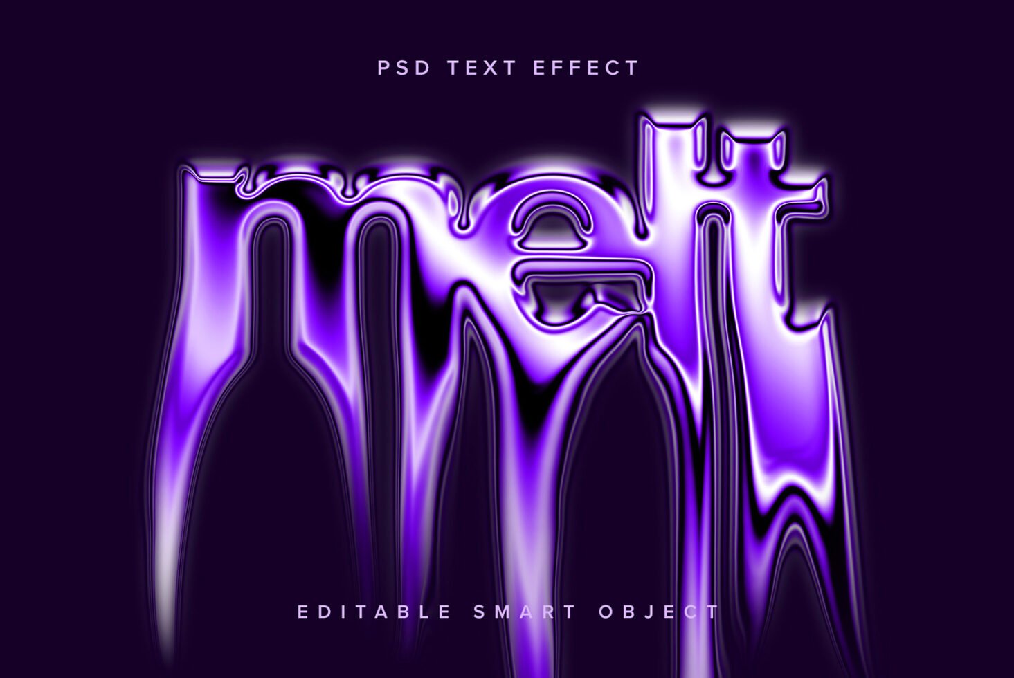 Melting purple text effect PSD smart object for designers. Editable template with vibrant glow. Perfect for digital graphic projects and typography designs.