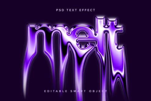 Melting purple text effect PSD smart object for designers. Editable template with vibrant glow. Perfect for digital graphic projects and typography designs.