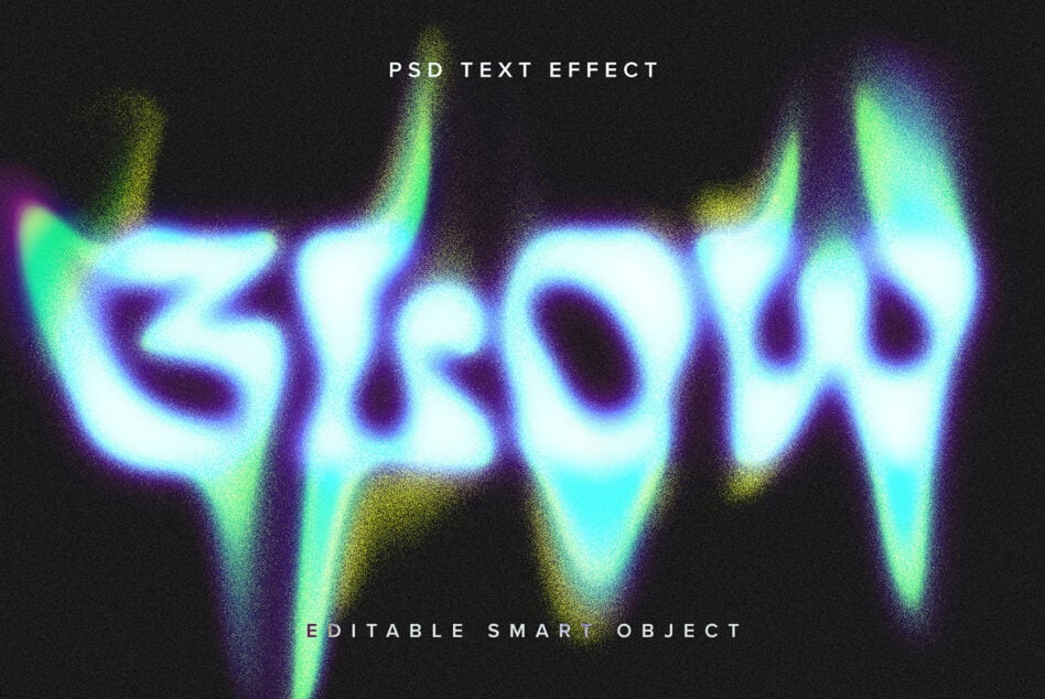 Glowing cyan neon text effect with yellow grain particles on dark background