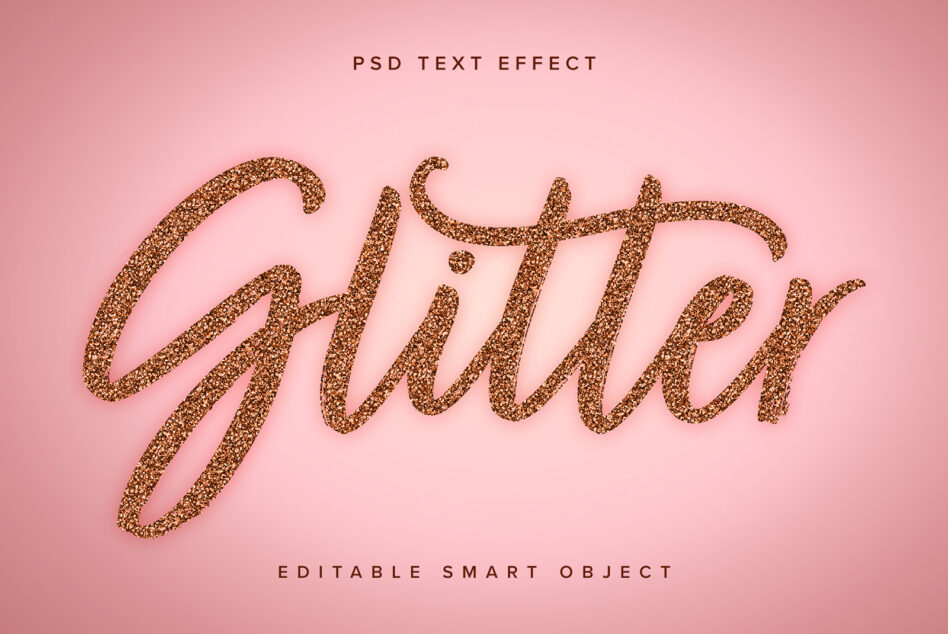Editable glitter text effect on pink background. PSD smart object for designers. Perfect for graphics, templates, and mockups.