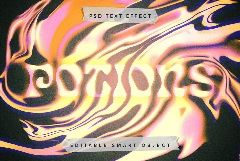 GOODBONS text with PSD text effect label on liquid neon swirl
