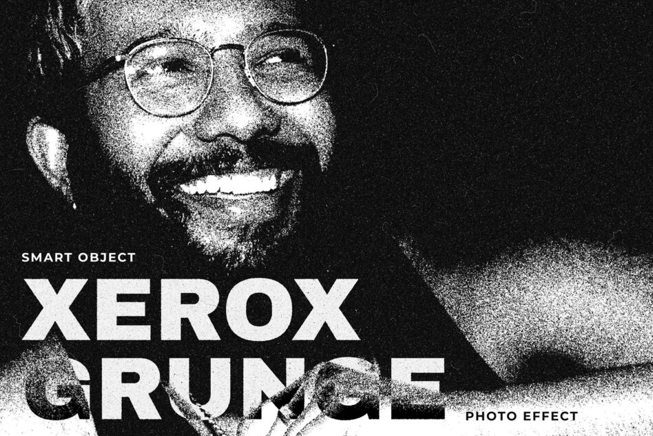 Man with glasses smiling, grain texture throughout, black-and-white mockup