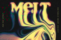 Vibrant psychedelic text effect template with melted gradient colors on a black background for designers. Editable PSD smart object. Suitable for graphics.