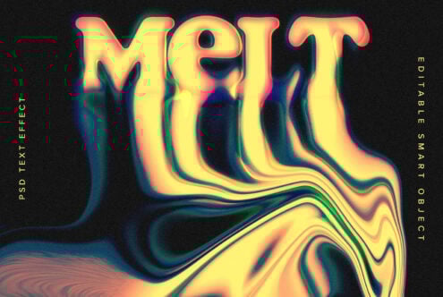 Vibrant psychedelic text effect template with melted gradient colors on a black background for designers. Editable PSD smart object. Suitable for graphics.