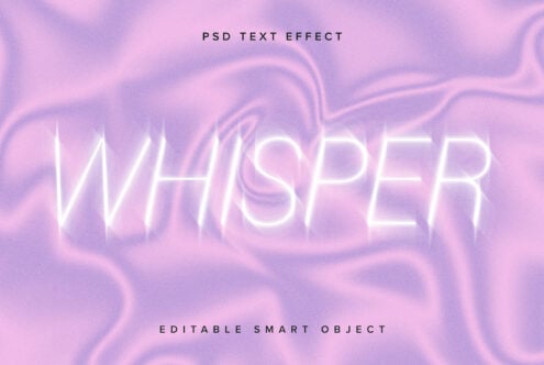 Editable PSD text effect with glowing Whisper design. Purple background with smooth texture. Ideal for graphics, templates, and digital assets for designers.
