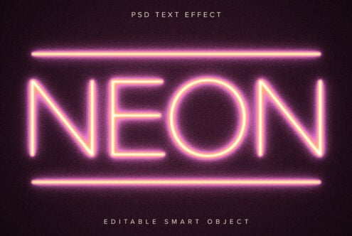 Neon PSD text effect with glowing pink light against a dark background, ideal for designers looking for editable templates and graphics. SEO keywords: PSD, neon, text.