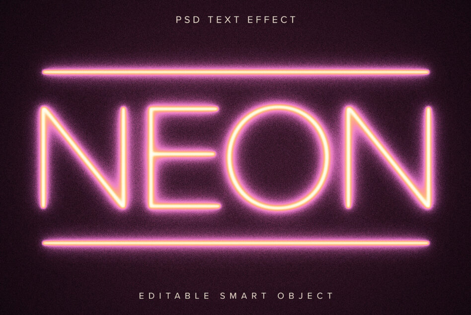Large magenta neon NEON text with bright yellow glow on dark background