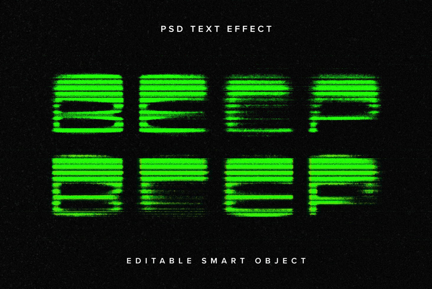 Glitch text effect in PSD format with neon green digital distortion on black background Editable smart object suitable for graphic design projects