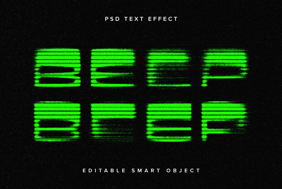 Lime green scanline text effect showing editable smart object demonstration