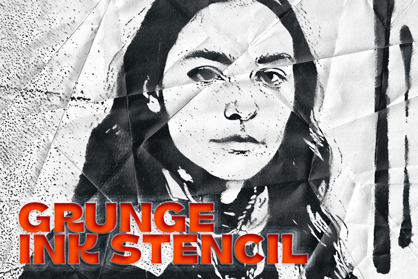 Grunge ink stencil depicting a woman's face with folded paper texture. Ideal for graphic design templates and artistic mockups. Vintage urban style.
