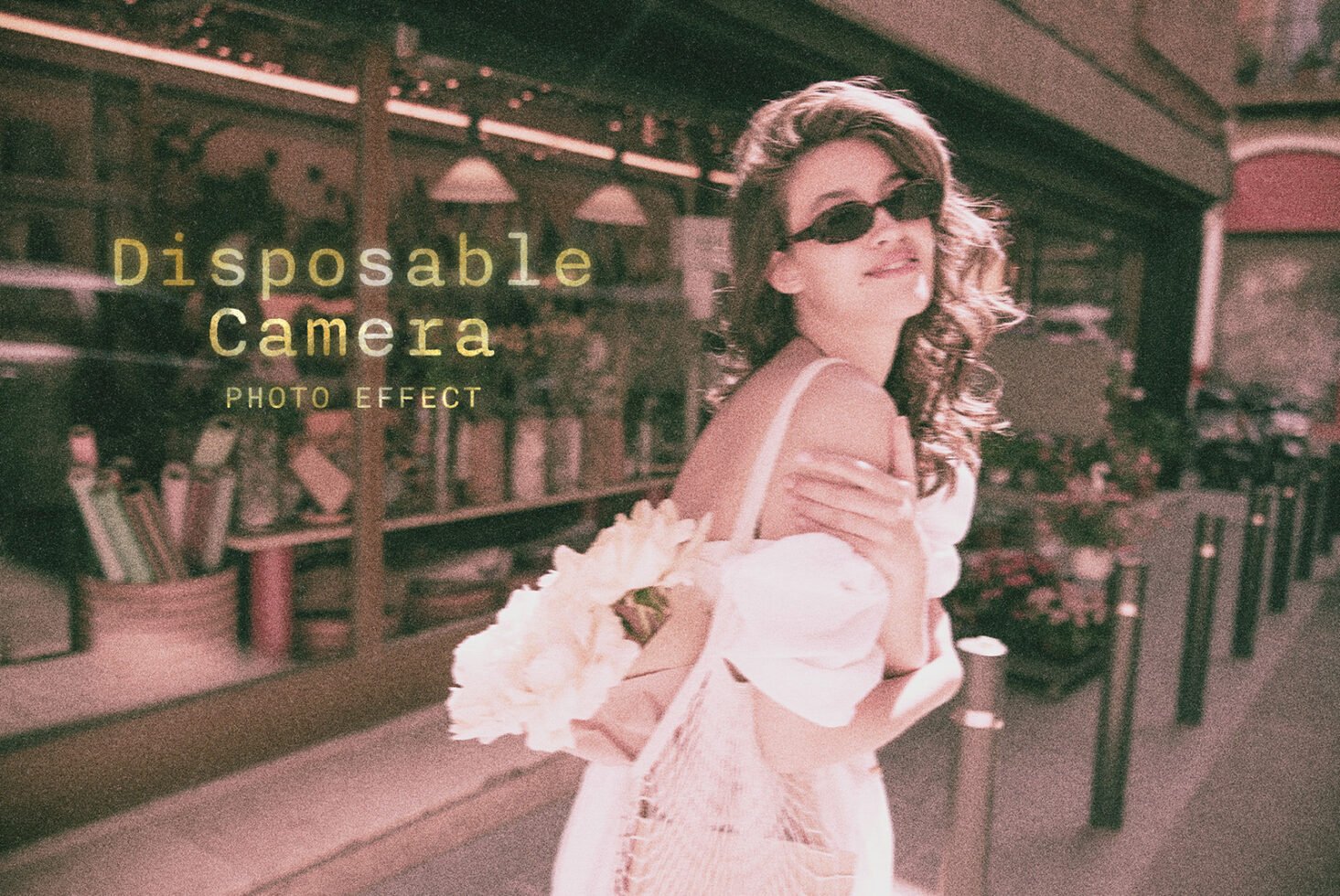 Retro disposable camera photo effect featuring a stylish woman with flowers in an urban setting ideal for digital design mockups and graphics templates.