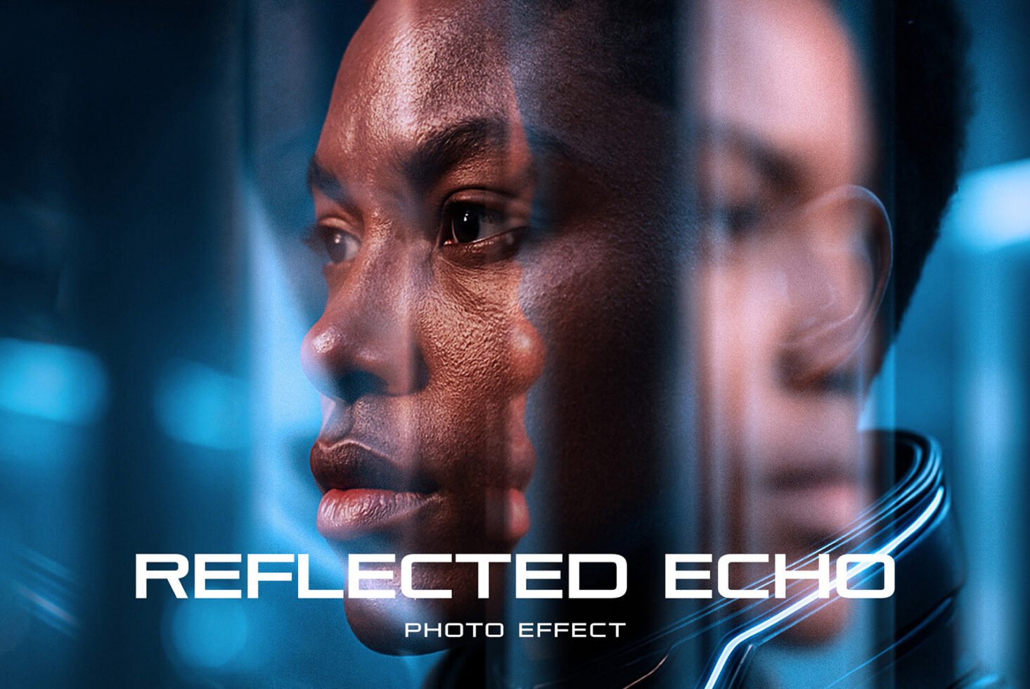 Digital photo effect showcasing a futuristic reflection, perfect for designers creating sci-fi themes, tech mockups, or innovative graphic projects.