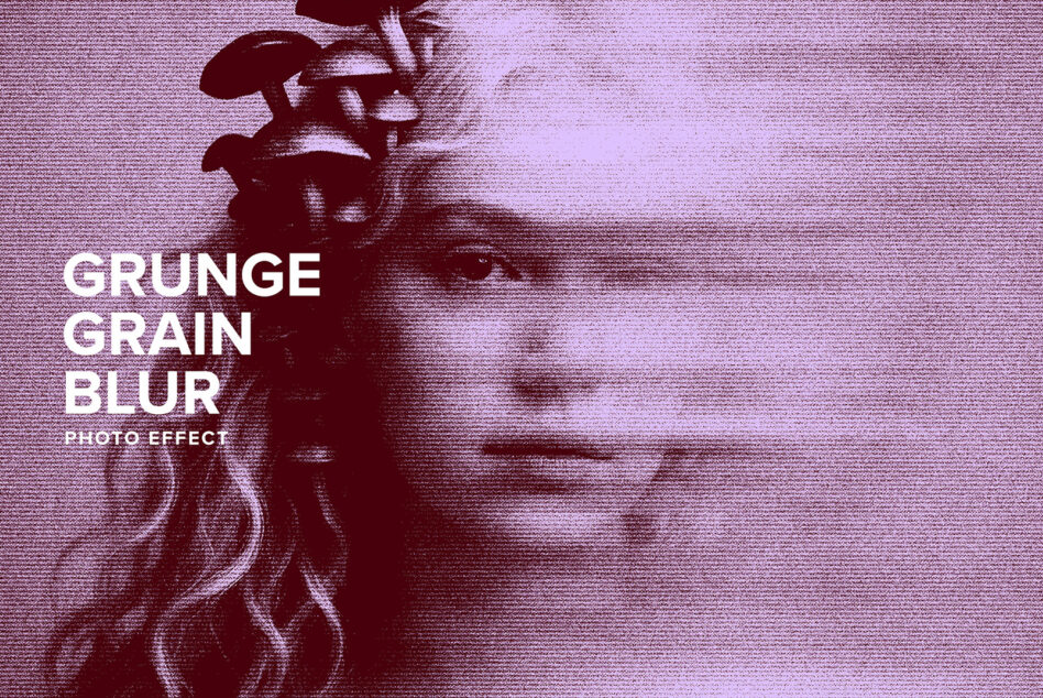 Purple grain blur texture effect applied to portrait image with text