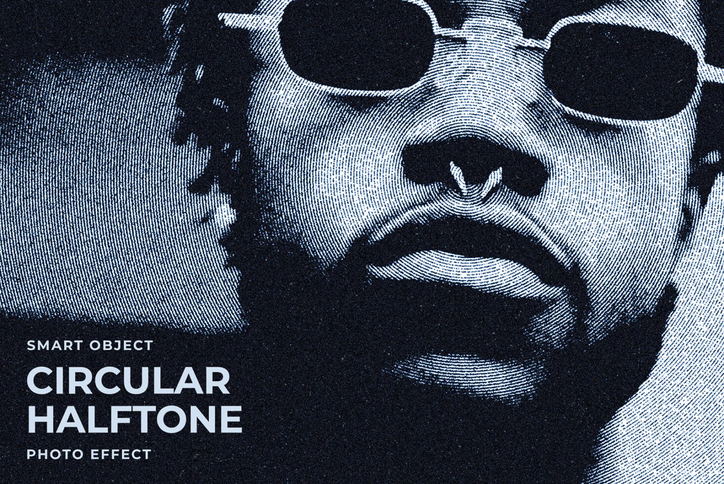 Circular halftone photo effect mockup featuring a close-up portrait with black sunglasses. Ideal for graphic designers and artists seeking vintage style.