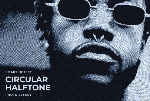 Circular halftone photo effect mockup featuring a close-up portrait with black sunglasses. Ideal for graphic designers and artists seeking vintage style.
