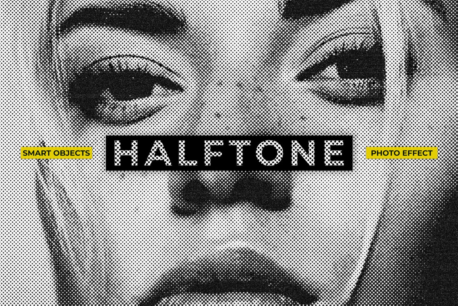 Halftone photo effect template with smart objects. Black and white dotted close-up face design. Ideal for graphic designers and digital artists.