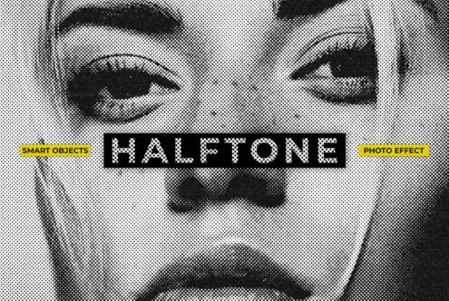 Halftone photo effect template with smart objects. Black and white dotted close-up face design. Ideal for graphic designers and digital artists.
