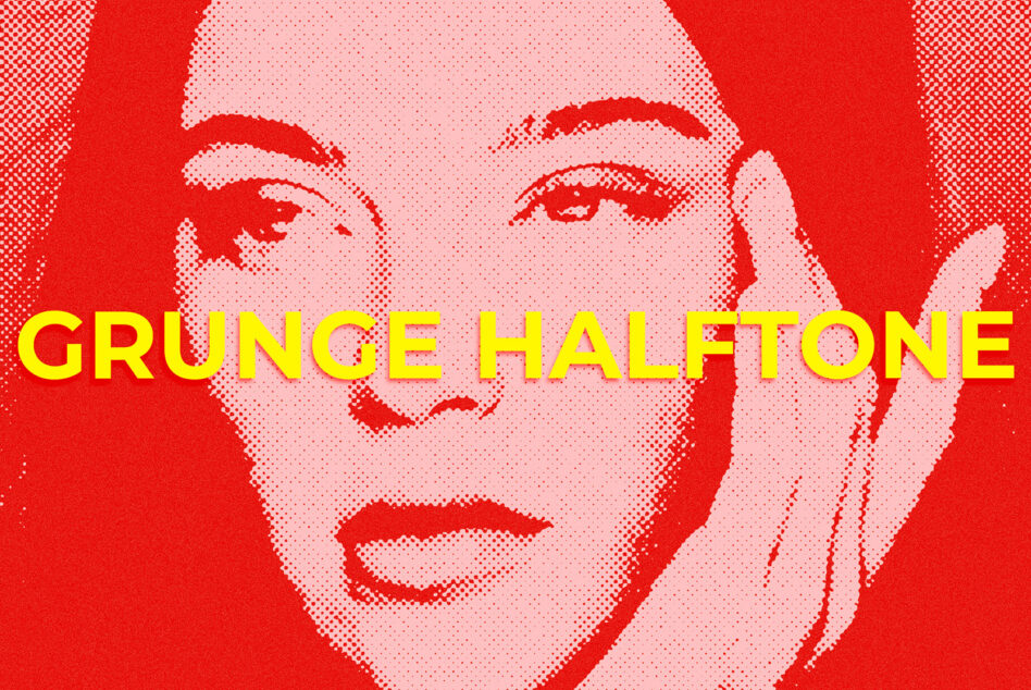 Red halftone portrait with yellow text reading Grunge Halftone overlay