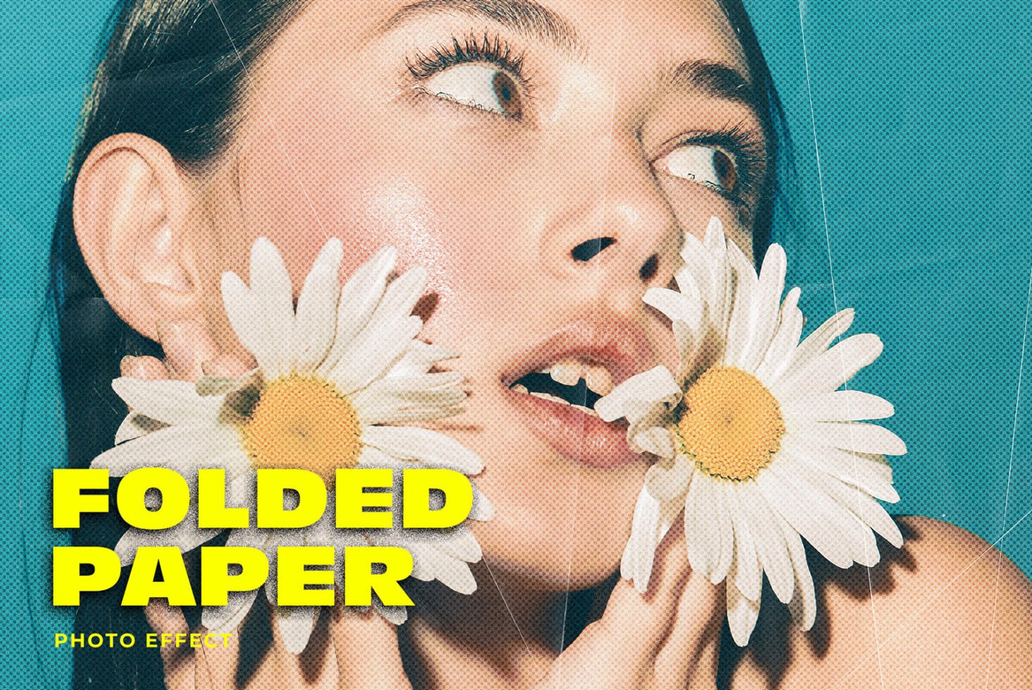 Folde​​d paper photo effect with daisies covering a woman's face, vibrant retro design suitable for graphics or photo mockup content on design marketplaces