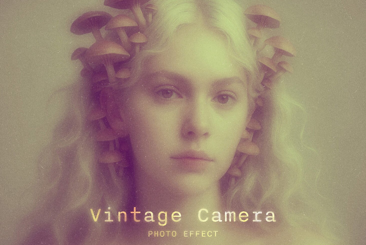 Vintage style photo effect of a woman with mushrooms in her hair. Perfect for designers seeking unique graphics. Vintage, photo effect, graphics.