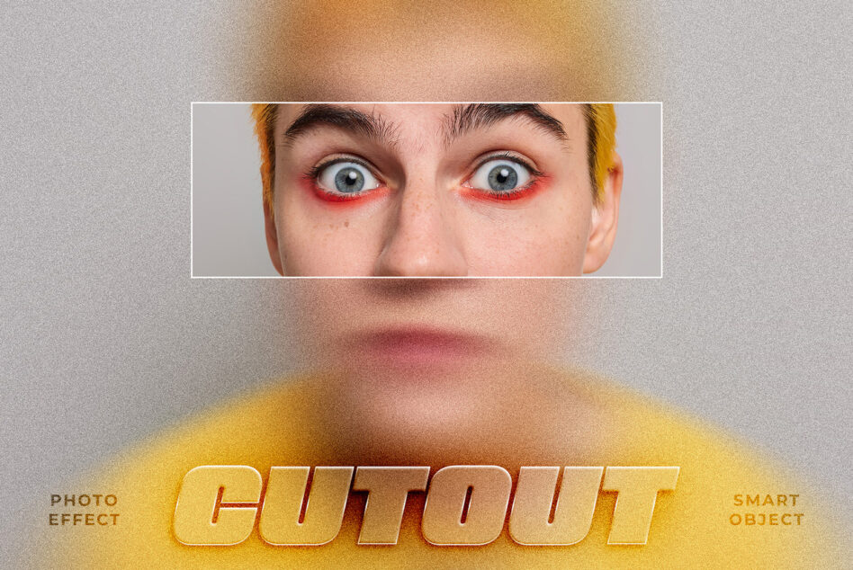 Surprised face with red-rimmed eyes, yellow text cutout effect overlay