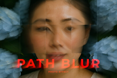 Path blur photo effect graphic showcasing a woman's face with stylized motion blur and elegant flower background ideal for design templates and mockups.