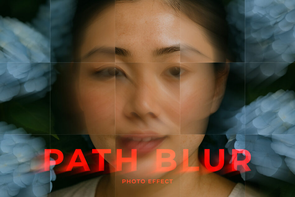 Grid overlay photo effect on face with blue flowers, red text path blur label