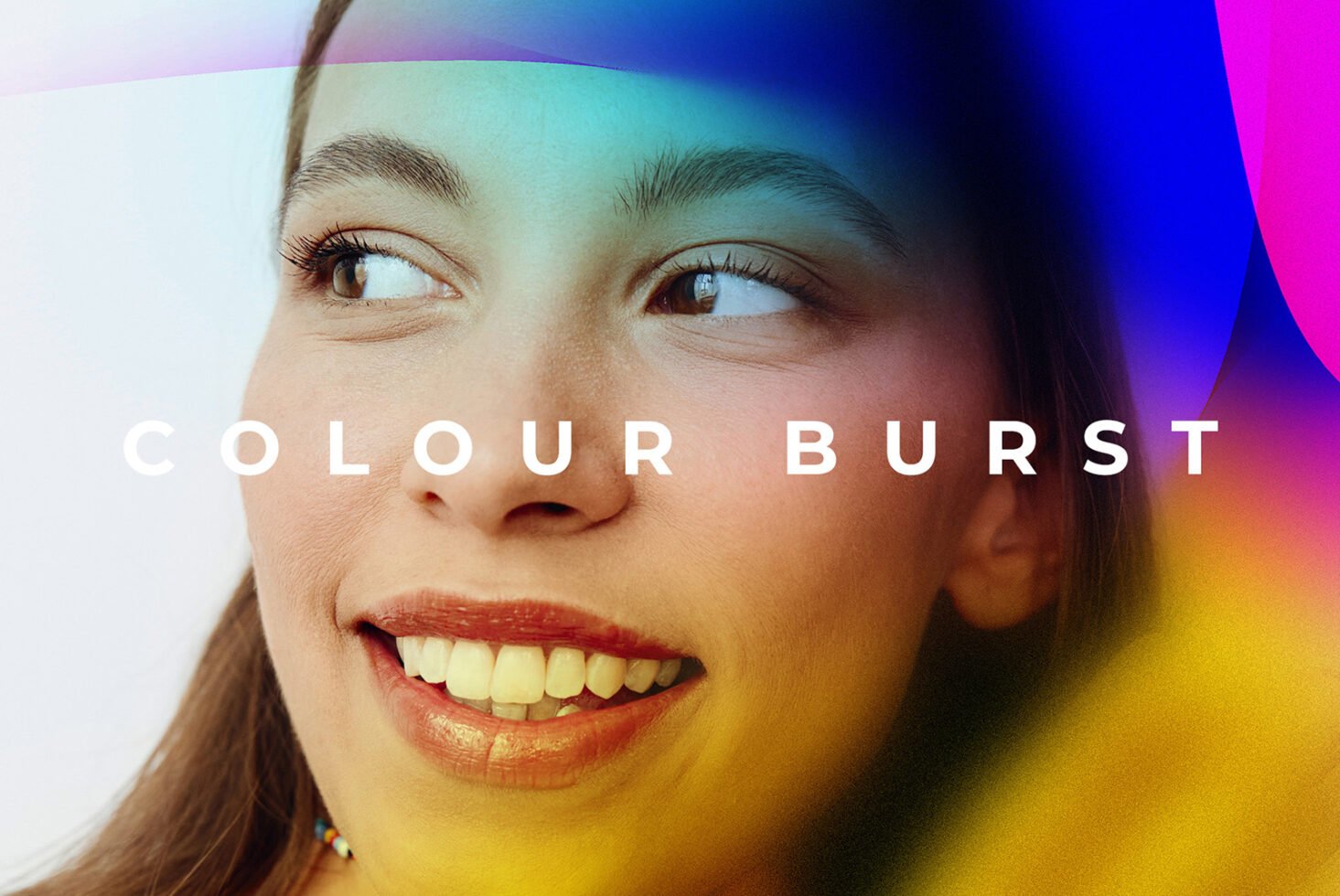 Colorful design featuring a smiling woman, vibrant gradient overlay, and text Colour Burst. Ideal for graphic design, mockups, and creative templates.