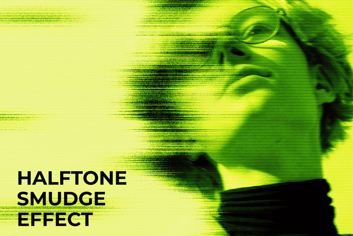 Halftone smudge effect mockup in neon green featuring an abstract portrait. Ideal for designers seeking unique texture graphics and creative digital assets.