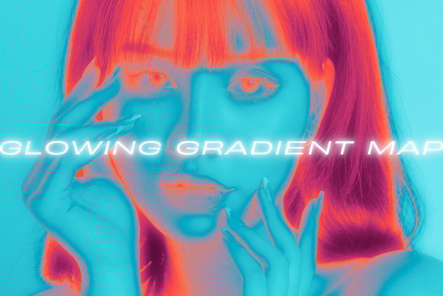 Neon-style gradient map effect on female portrait. Vibrant cyan and orange hues for modern aesthetics. Ideal for graphic design projects and templates.