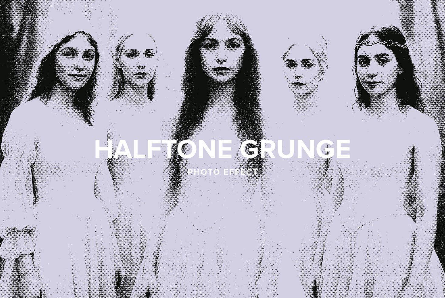 Grunge photo effect featuring five women in vintage dresses. Halftone texture ideal for retro designs. Graphic design resource for creative projects.