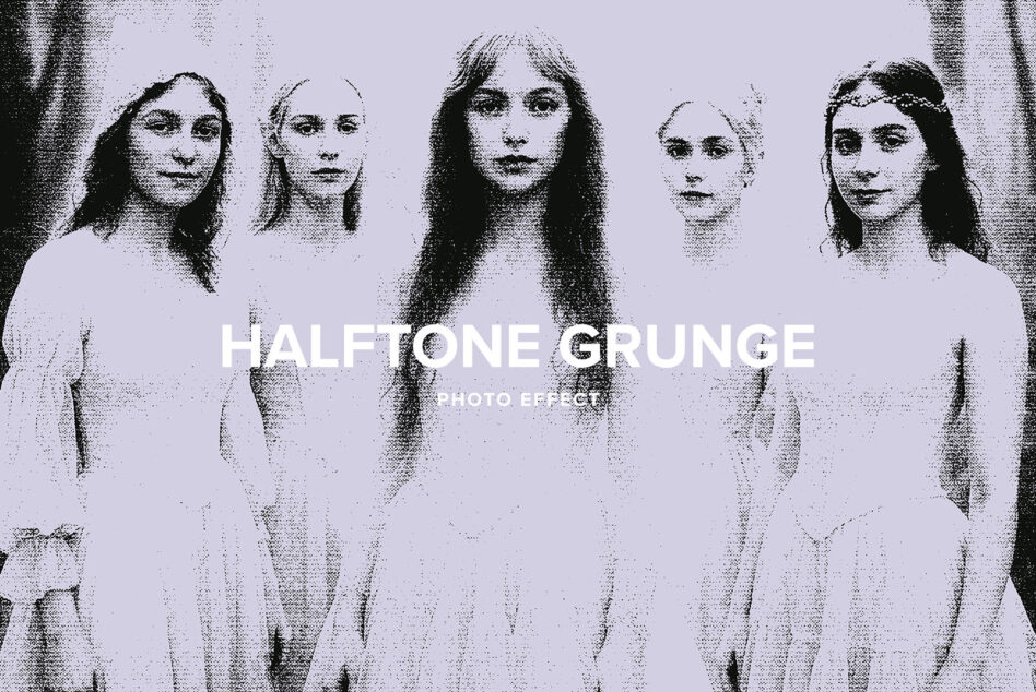 Five women's faces rendered in halftone dotted effect on lavender background