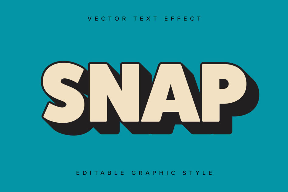 Bold 3D extruded text reading SNAP in cream with black shadow on teal background