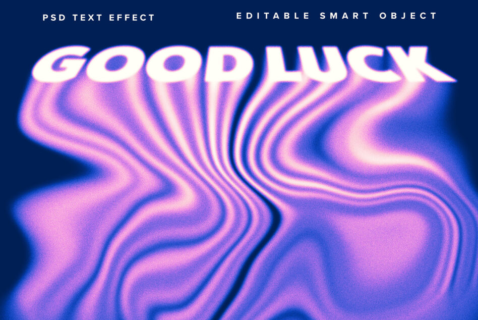 Wavy text effect saying Good Luck in vibrant purple on dark background PSD file smart object editable ideal for designers fonts and graphic templates.