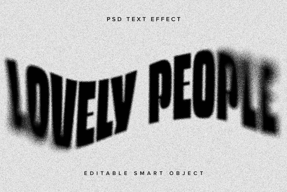 Wavy distorted text effect reading Lovely People on a speckled gray background PSD smart object ideal for graphic design mockups and templates