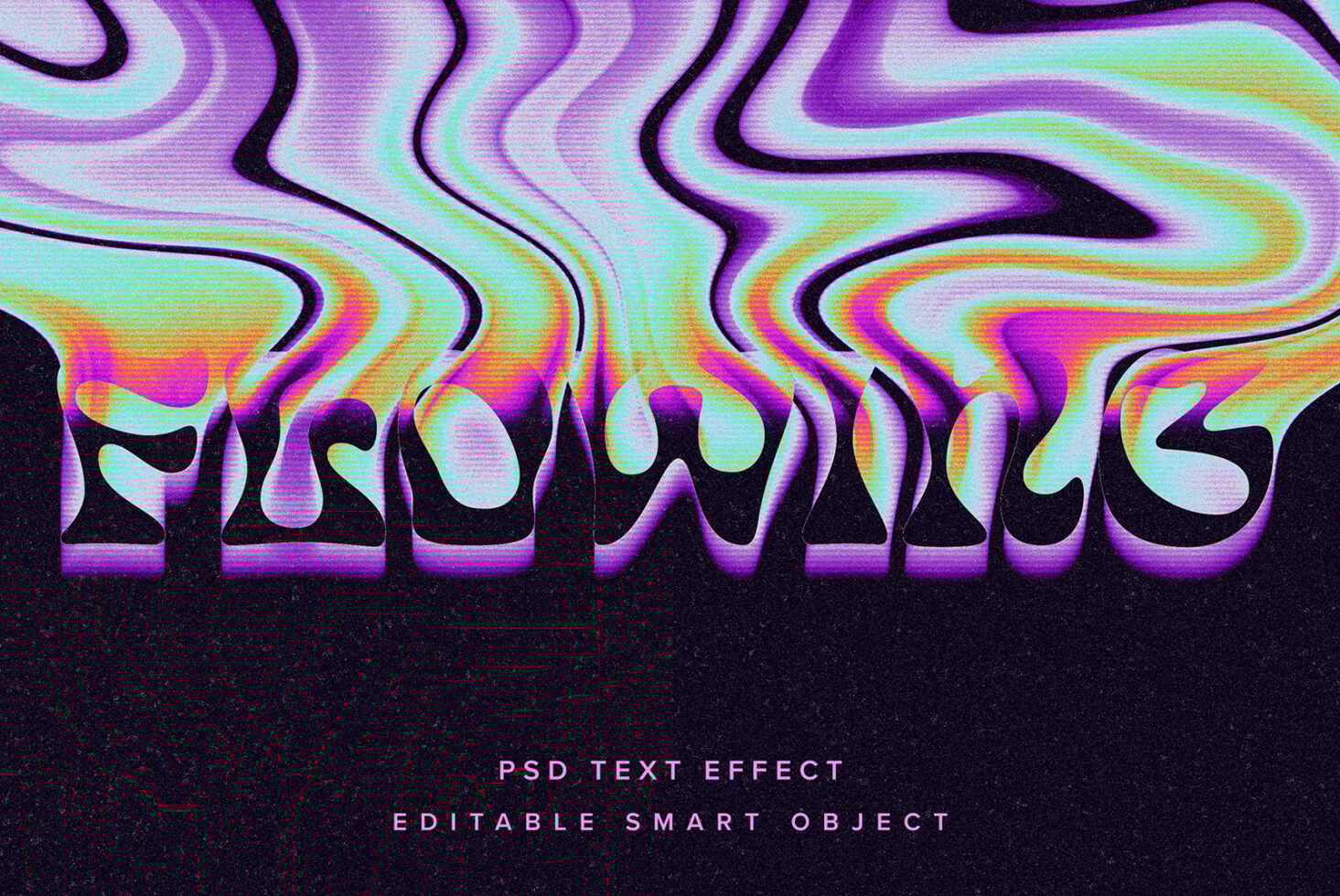 Psychedelic text effect PSD with vibrant waves and retro style on black background. Editable smart object for designers. Perfect for bold designs.