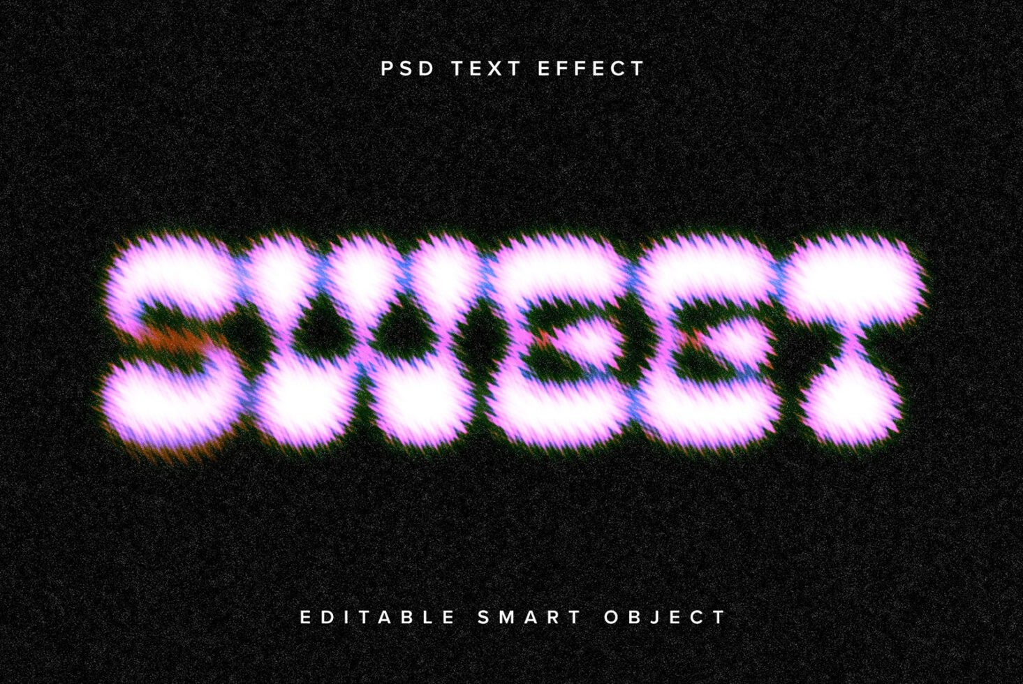 Pink fuzzy text effect reading SWEET on a black background mockup PSD. Editable smart object. Modern graphics for designers. Perfect for creative projects.