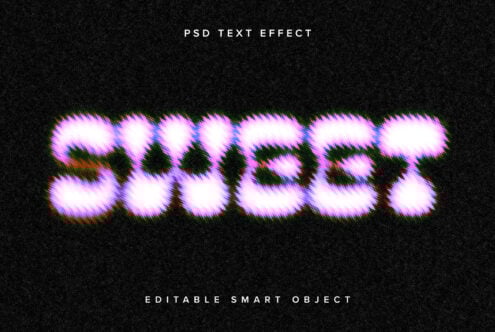 Pink fuzzy text effect reading SWEET on a black background mockup PSD. Editable smart object. Modern graphics for designers. Perfect for creative projects.