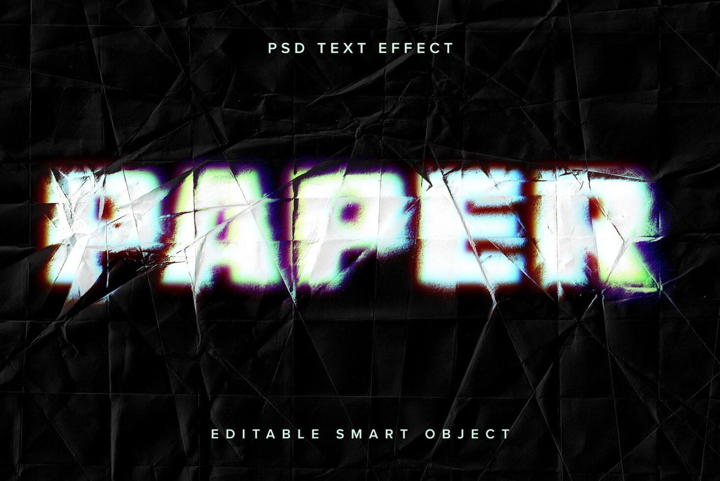 Grunge text effect mockup with editable PSD smart object featuring vibrant neon glow on crumpled paper texture ideal for designers creative fonts