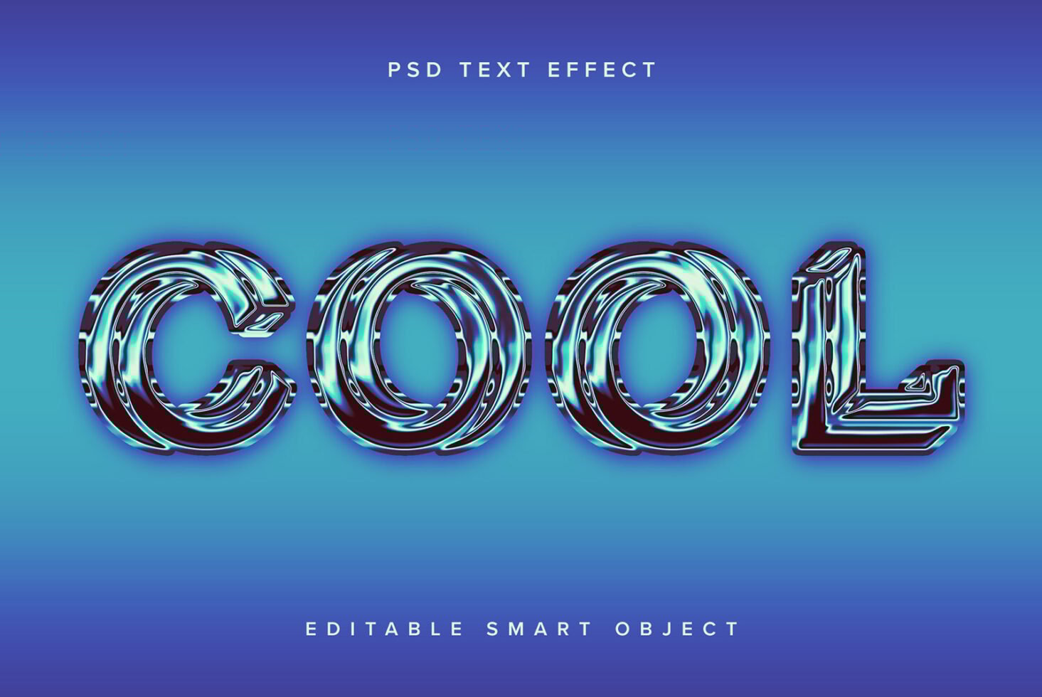 Bold neon text effect reading COOL on a blue gradient background. Ideal for designers looking for PSD text effects, editable smart object, graphics.