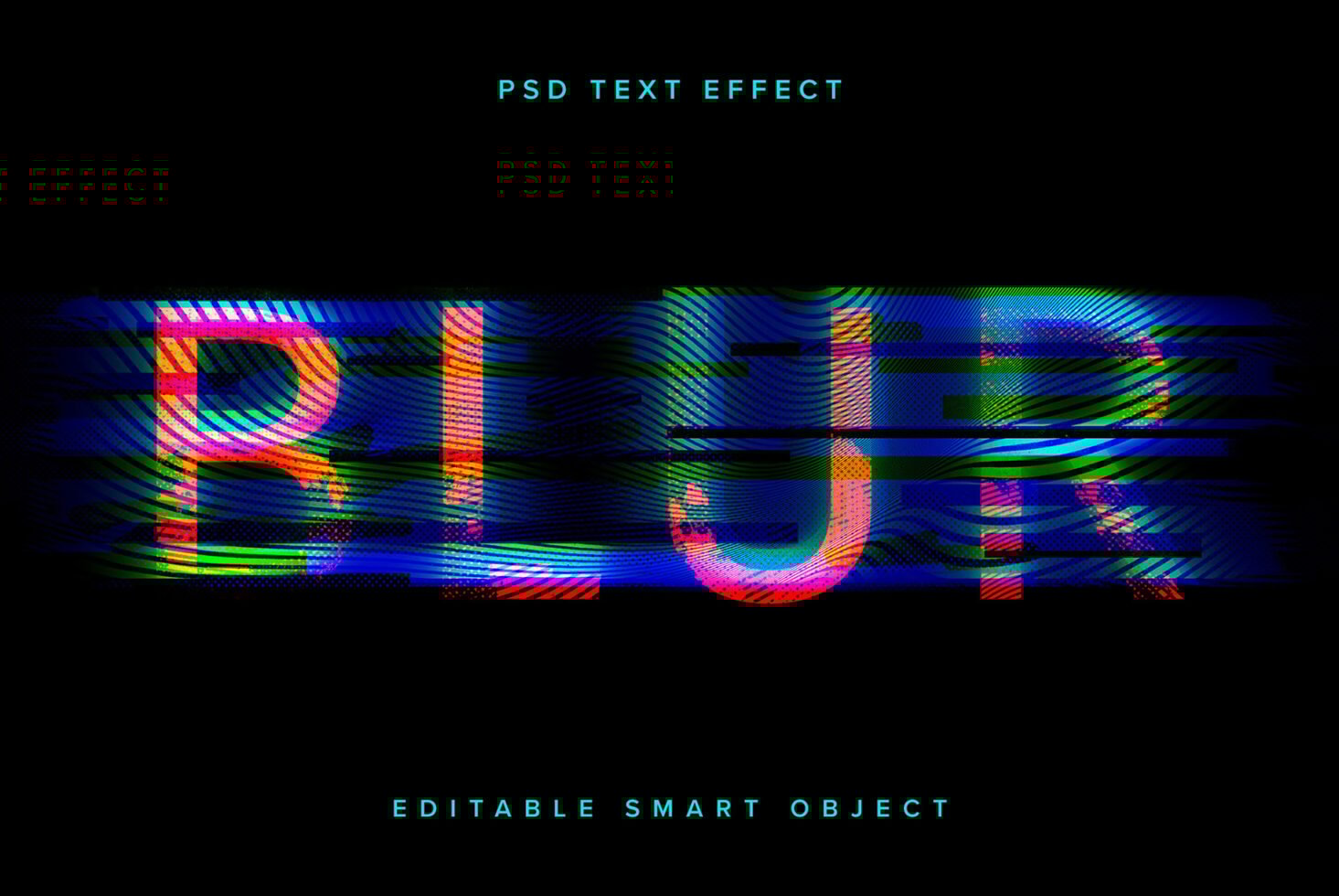 Glitch text effect reading BLUR in colorful distortion on black background. PSD layered file ideal for graphic design templates and digital effects.
